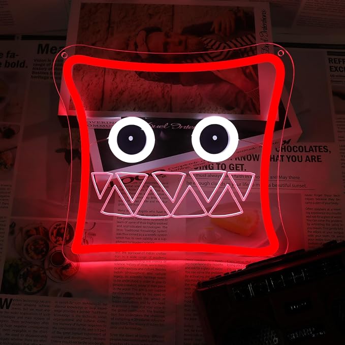 Red Square Monster Face Neon Sign, USB Powered, Cool Gaming Wall Decor for Bedroom, Game Room, Party, Man Cave, Kids Room, Aesthetic Wall Art Neon Sign for Boys Teens
