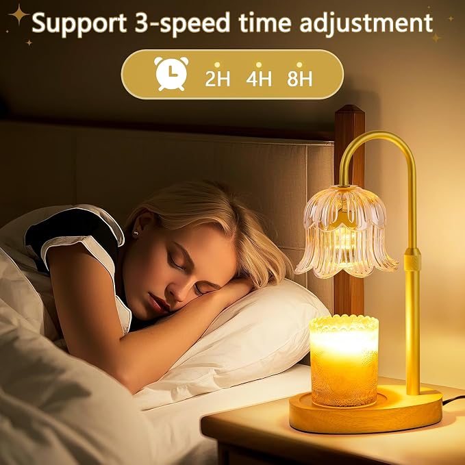 Candle Warmer Lamp Flower Electric Timer - Home Decor Women Birthday Gifts | Dimmable Candle Warmer Height Amber Glass 2 Bulbs For Jar Adjustable Wax House Warming Gifts Her Mom Halloween Christmas