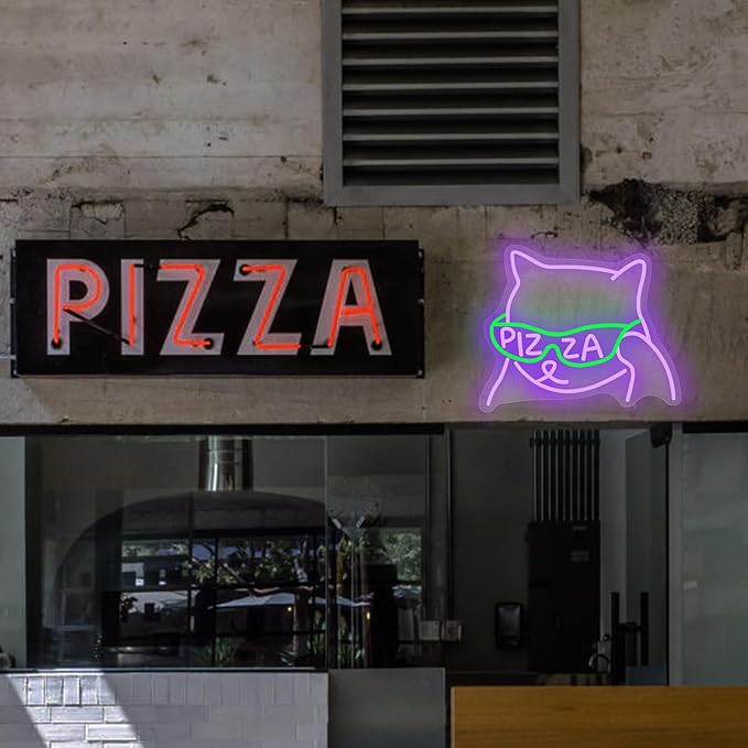 Pizza Sunglasses Cat Neon Sign, Anime Neon Signs for Pizzeria Wall Decor, Dimmable Led Signs for Bedroom, Light Up Signs for Resturant Kitchen Bar Beer Man Cave Party Decorations Gifts