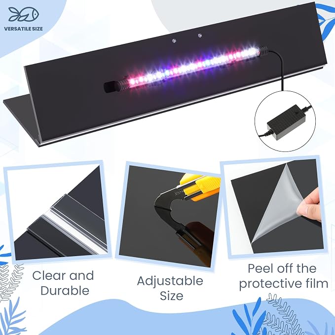 Sieral Aquarium Lids Polycarbonate Canopy with LED Light 19.37 x 9.37 x 0.12 Inch for 10/20 Gallon Without Center Brace Aquariums Cover Fish Tank Lid with a Hook Knife, Black