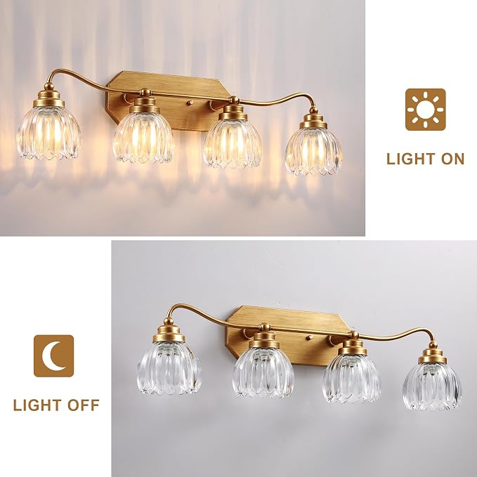 4 Light Gold Vintage Vanity Lights, Antique Brass Finish | Clear Tulip Crystal Shades,Brushed Gold Bathroom Light Fixtures, Wall Sconce Ideal for Bedroom, Hallway, Easy to Install