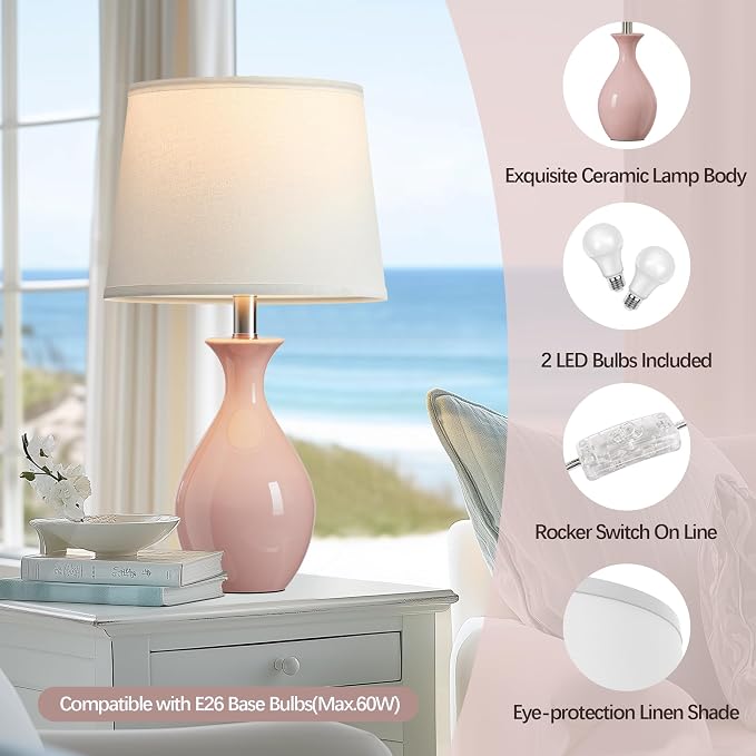 Table Lamp Set of 2, Modern Ceramic Bedside Lamps for Night Stands, Classic Small Lamp Nightstand Lamp for Bedroom Living Room Desk End Table Rocker Swtich Pink