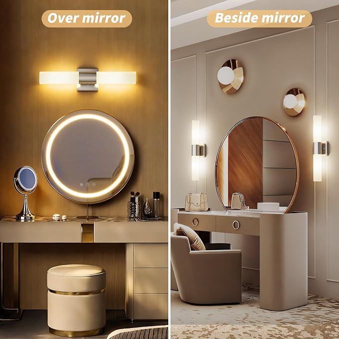 Wall Sconces Set of Two, Modern 21" Vanity, Frosted Glass, Silver | Indoor Wall Light Fixture. For Bathroom, Mirror, Bedroom, Living Room, Hallway. Mounting Hardware Included. Easy To Install.