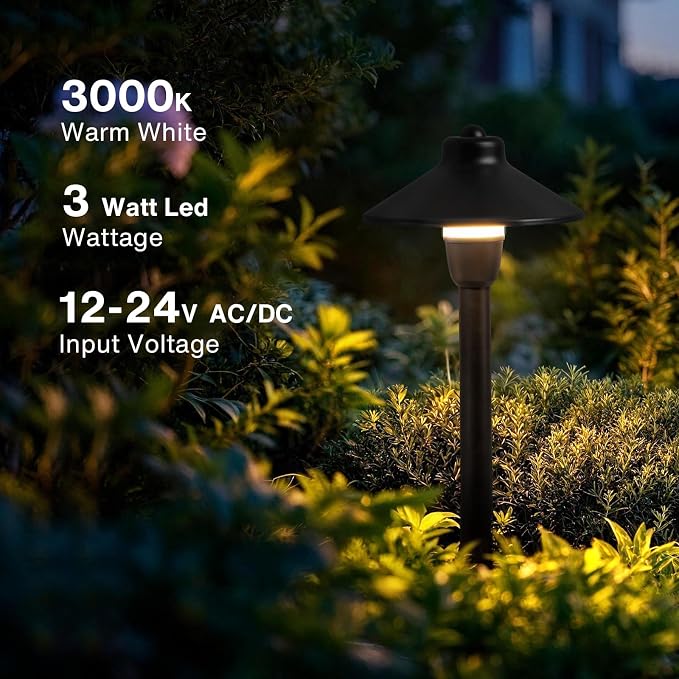 SUNVIE 4-Pack 6" Low Voltage Pathway Lights 3W Aluminum 3000K Black | Landscape Pathway Lights, 150lm, Warm White, 12-24V AC/DC, ETL Listed Wire, IP65 Waterproof, for Outdoor Driveway Garden Yard