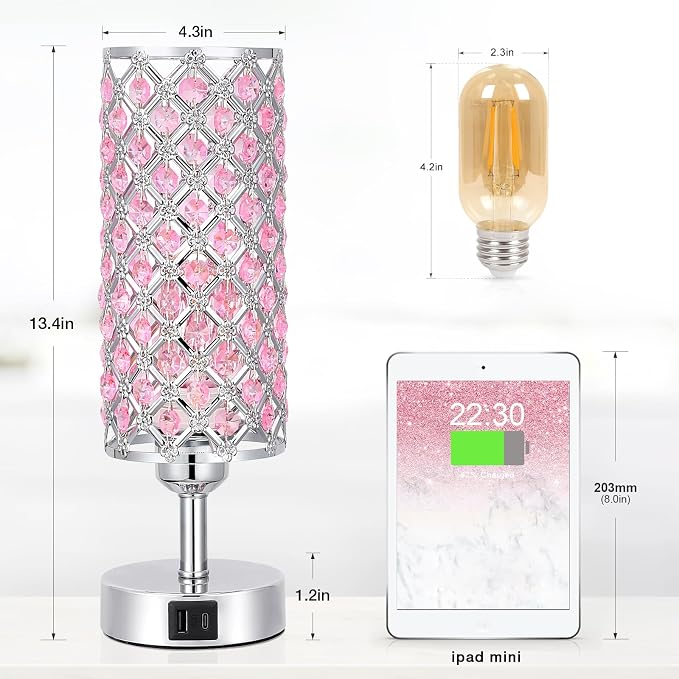 Hong-in Crystal Table Lamp, Pink Touch Lamp with USB C+A Ports, 3 Way Dimmable Bedroom Light with Crystal Shade, Bedside Nightstand Small Lamp for Girl Bedroom, Living Room(Buld Included)