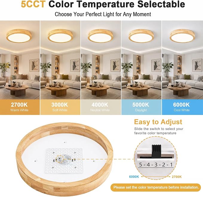 Pevfah Modern Dimmable 15.74 in Wood Flush Mount Ceiling Light, 5CCT LED Round Close to Ceiling Lighting Fixtures, Minimalist Ceiling Lamp for Bedroom, Kitchen, Hallway, Laundry Room