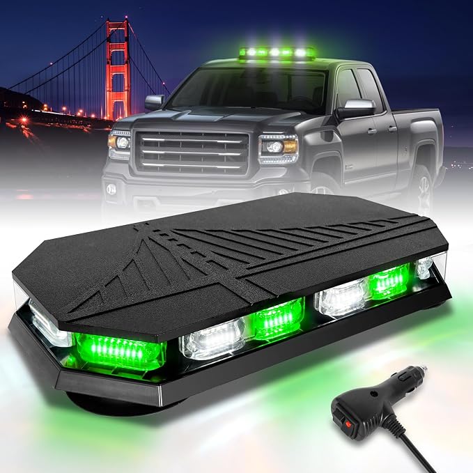 HLauto 406D Rooftop Emergency Strobe Lights Bar, 102 LED Green White Mini Beacon Safety Flashing Warning Traffic Lights Bar w/Magnetic Base for 12-24V Trucks, Construction Vehicles, Snowplow, Cars