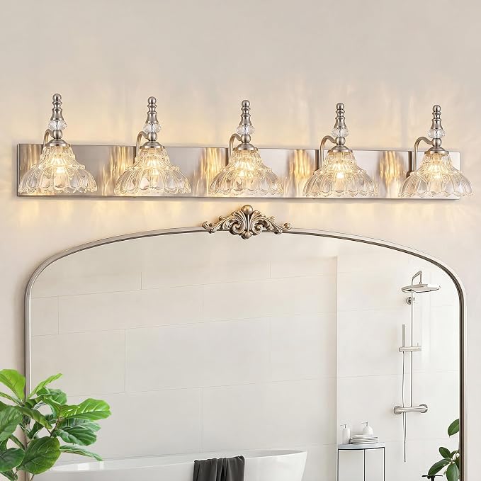 Vintage Bathroom Vanity Light, 5-Light Brushed Nickel Vanity Lighting Fixture with Flower Glass Shade, Bathroom Lighting Fixtures Over Mirror