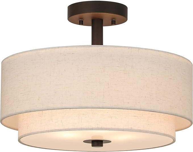 XiNBEi Lighting 16" Linen Drum Semi Flush Ceiling Light for Dining, Bronze | 3-Light Fixture Ceiling Mount, Fabric Shade, Modern Close to Ceiling Light, For Bedroom Living Room Kitchen Entryway