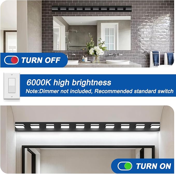 IZORRO LED Modern Bathroom Lights Fixtures(10-Light,Dimmable),Matte Black Acrylic Wall Lighting,Vanity Lights for Bathroom Over Mirror - 6000k 46In （No Assembly Required）