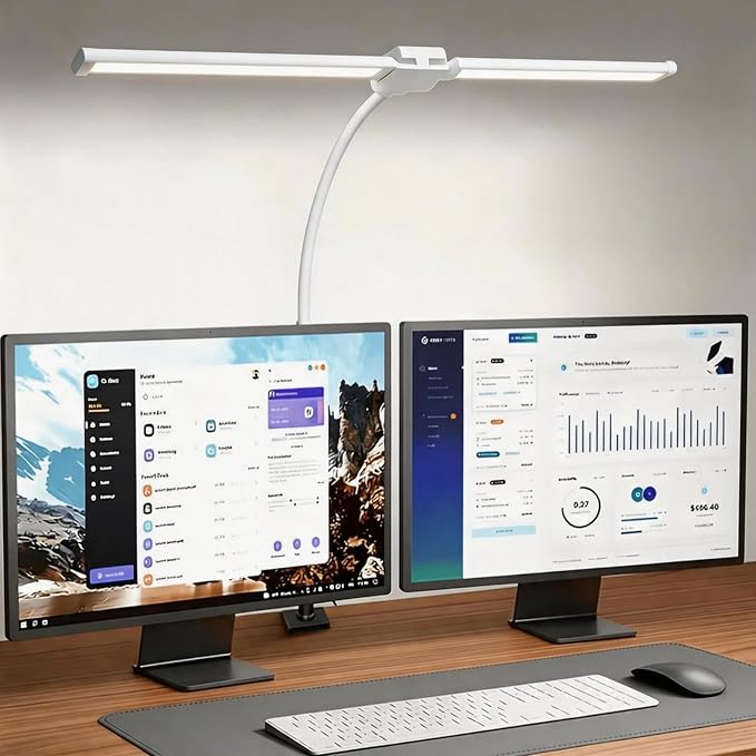 Desk Lamps for Home Office, Computer Light Bar, Double Head, White | Eye-Care Architect Light with Clamp, 3 Color Modes 10 Brightness, Adjustable for Reading, Study, Workbench