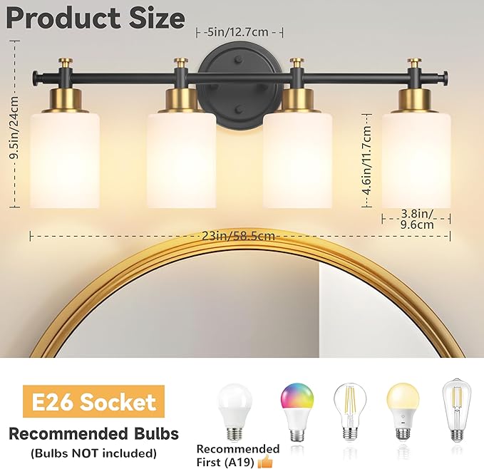 4-Light Bathroom Vanity Light, Modern Black and Gold Vanity Lights for Bathroom, White Frosted Glass Shades, Anti-Rust Vanity Light Fixture over Mirror, 23 Inch (Bulbs Not Included, E26 Base)