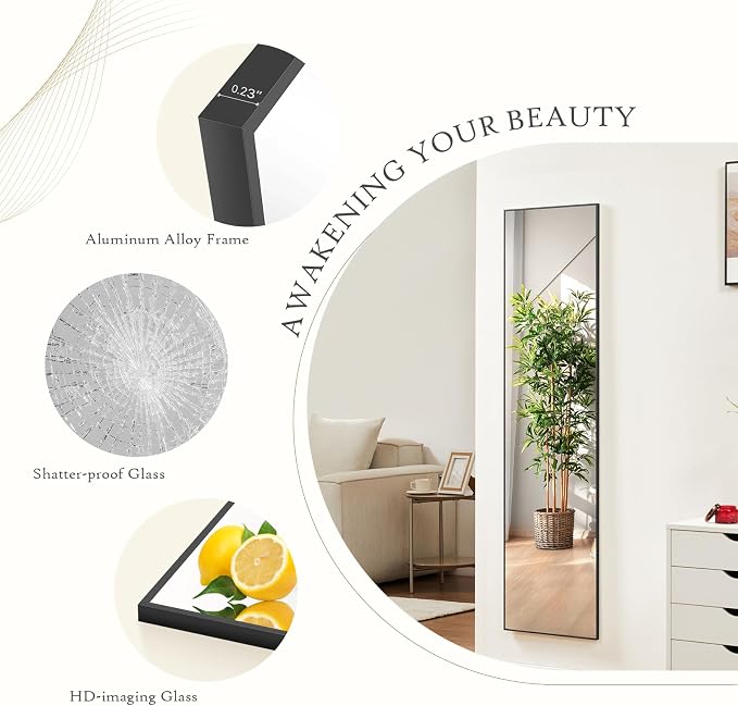Full Length Floor Mirror, 16"x59" Body Wall Mirror with Stand | Shatter-Proof Nano Glass, Tall Standing, Hanging or Leaning, Aluminum Alloy Frame for Bedroom, Modern Home Decor, Black