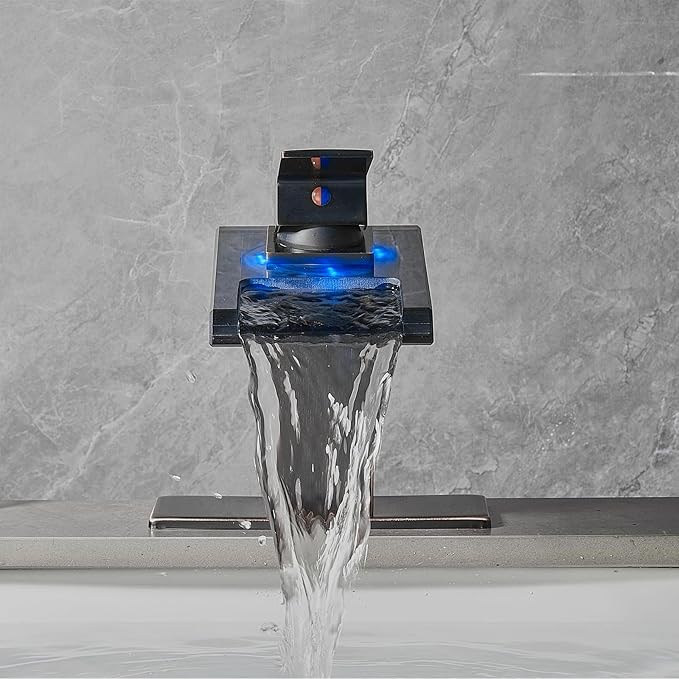 LED Bathroom Sink Faucet, Oil Rubbed Bronze Waterfall Single Hole Handle Vanity Faucets for Sinks 1 Hole with Metal Pop Up Drain and 2 Water Supply Lines, Open Glass Spout