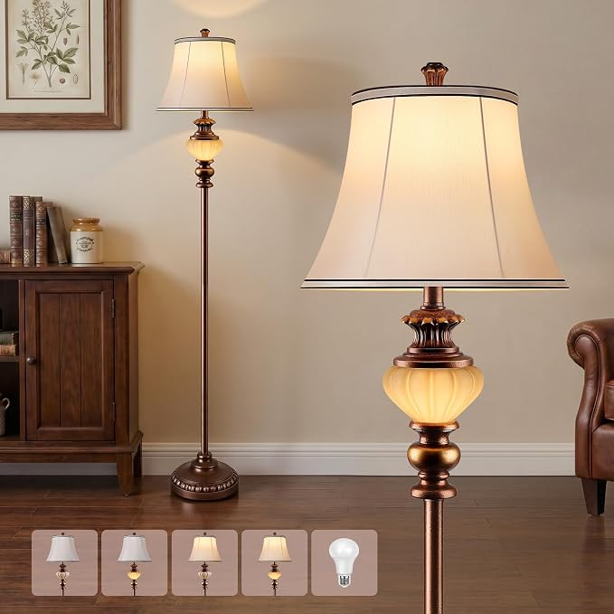 65'' Vintage Floor Lamp for Living Room, Retro Farmhouse Standing Lamp with Nightlight, Tall Lamp with Fabric Shade and Rotary Switch for Bedroom Office Dining Room Corner(LED Bulb Included)