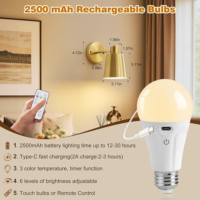 Gold Battery Operated Wall Sconces Set of Two with Remote, Rechargeable Battery Powered Wall Lights, 3 Color Temperature, Dimmable, Modern Wireless Wall Lamps for Bedroom Living Room Hallway