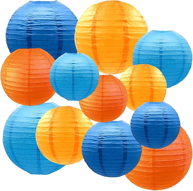 CC wonderland zone 12pcs Orange and Blue Paper Lanterns,Hanging Paper Lanterns for Bridal Shower Rustic Boho Birthday Wedding Home Decor Party Decoration