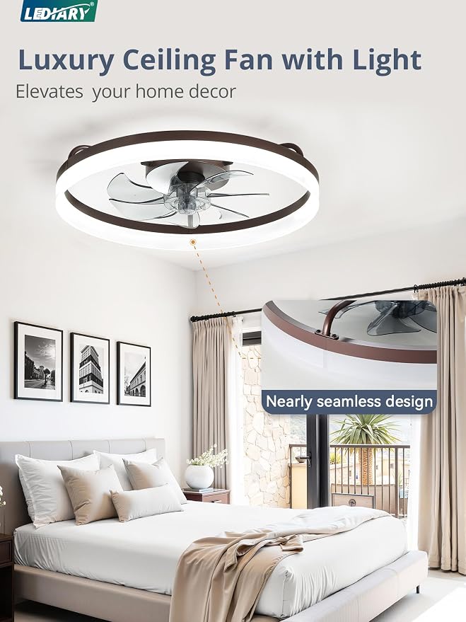 LEDIARY 20" Low Profile Ceiling Fans with Lights, APP & Remote, Brown | Flush Mount, Dimmable LED, Quiet DC Motor, Reversible, 6 Speeds, Fandelier, for Bedroom