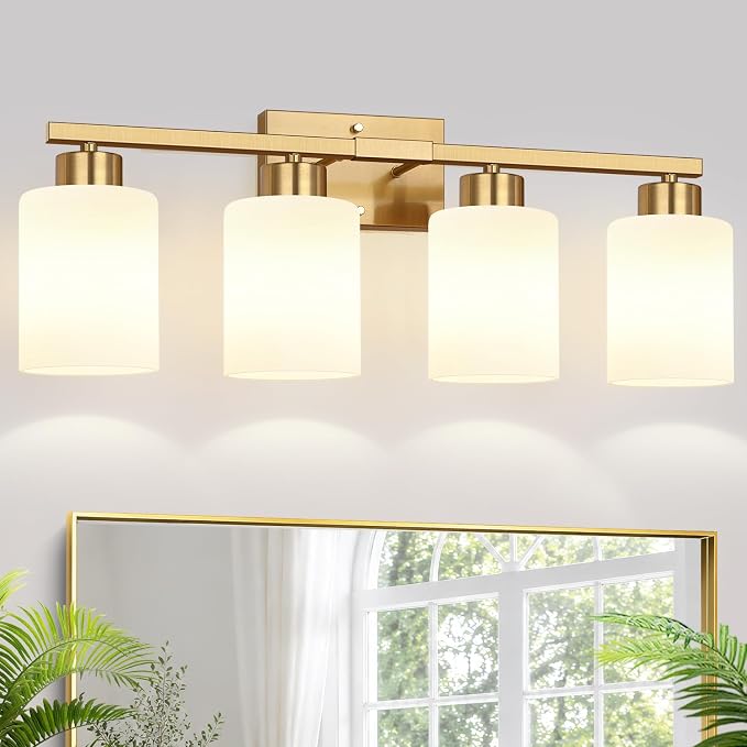 4-Light Bathroom Light Fixtures, Brushed Gold Vanity Light with Milky White Frosted Glass Shades, Modern Bathroom Vanity Light for Mirror, Bedroom, Hallway, or Living Room