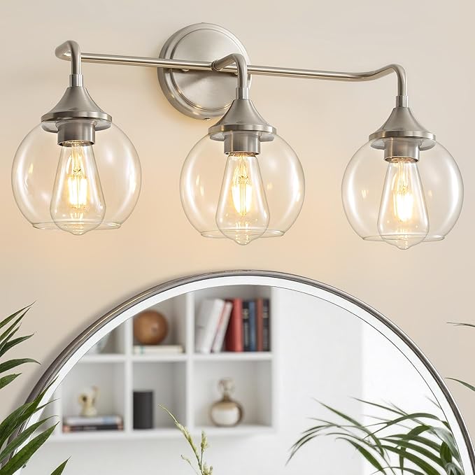 Bathroom Light Fixtures 3-Light Brushed Nickel Vanity Light 31" | Farmhouse Vanity Lighting Fixtures Over Mirror, Thickened Clear Glass Shade, UL E26 Dimmable Vanity Light Fixtures