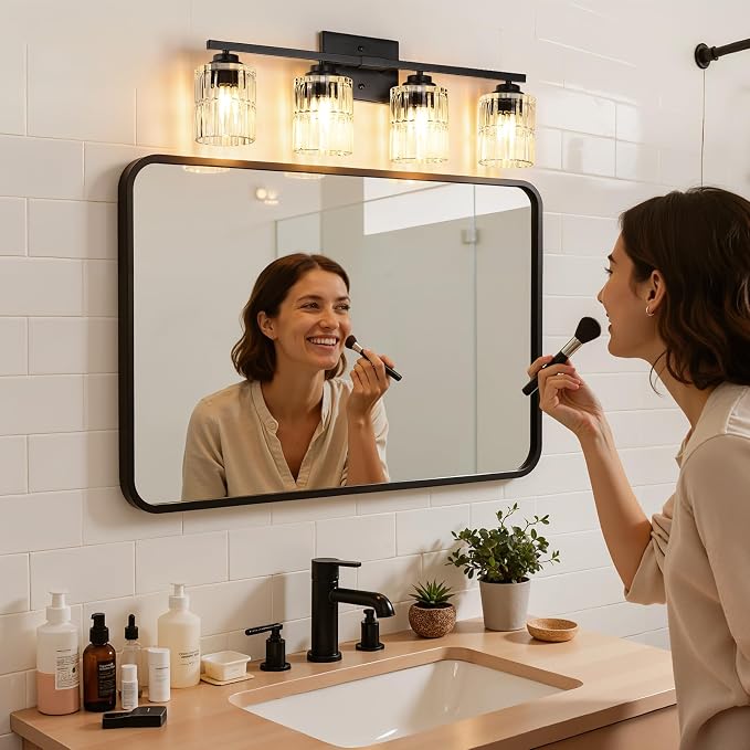 TALOYA Black 4-Light Bathroom Vanity Light with Fluted Cylinder Glass Shade | Modern Vanity Lighting Fixtures, Bathroom Lights Over Mirror, Wall Mount Mirror Light Fixtures for Bathroom Hallway Bedroom