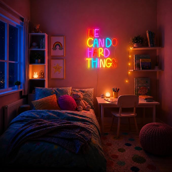 We Can Do Hard Things Neon Sign for Wall Decor Positive Inspirational Neon Light USB Dimmable Classroom Office Library LED Light Up Sign for Bedroom Birthday Party Classroom Backdrop Decoration