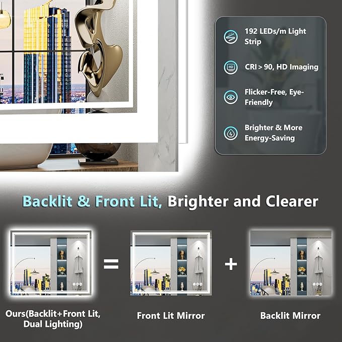 40x38 LED Bathroom Mirror, Backlit & Front Lit Lighted Mirror | Anti-Fog Vanity Mirror with Lights, 3 Color Dimmable, Memory, HD Tempered Glass, CRI95, IP54, UL Listed, Horizontal/Vertical