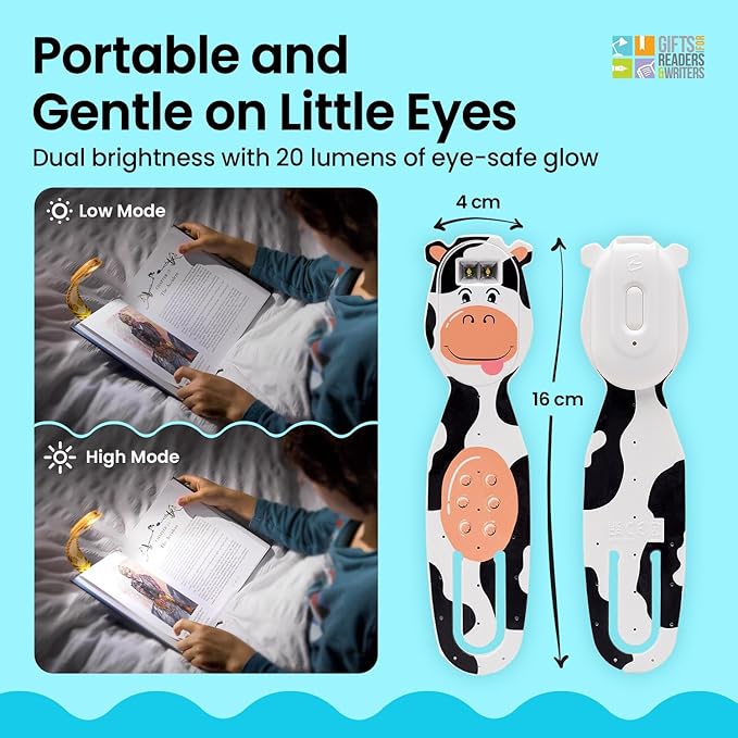 Gifts for Readers & Writers Rechargeable Book Light for Kids, Clip On Reading Light for Bed, 2in1 Flexilight Pals & Bookmark, 12 Hours of Light Once Charged, Includes USB Cable & 2 LED Lights, Cow