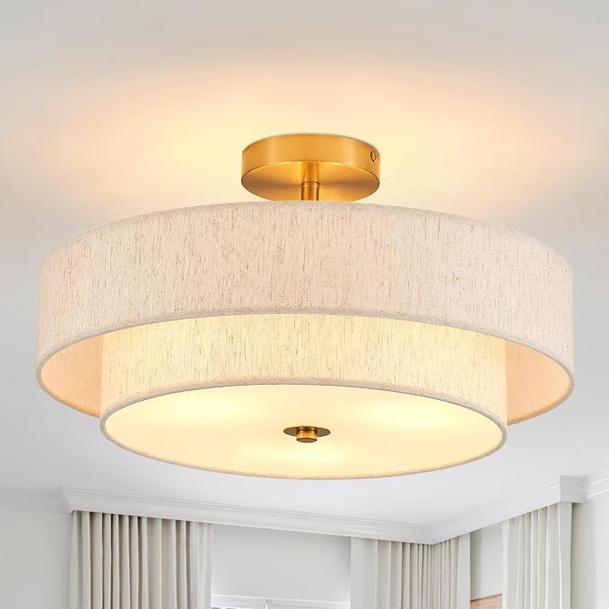18" Gold Semi Flush Mount Ceiling Light, 3-Light Double Drum | Beige Linen Double Drum Shade, Modern Gold Light Fixture For Bedroom,Living, Kitchen,Laundry; Close-To-Ceiling, E26, Dimmable