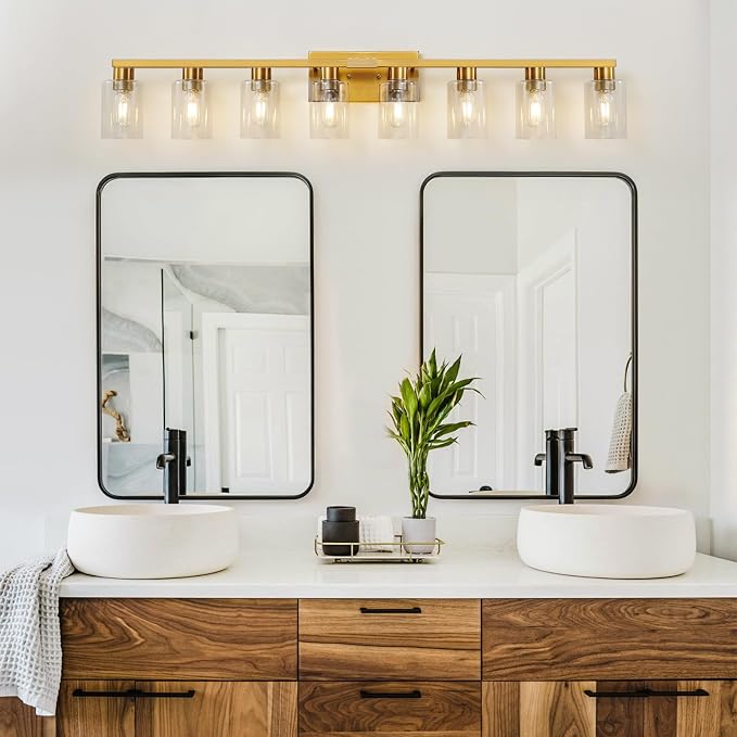8 Light Bathroom Vanity Light Gold Bathroom Light Fixtures Brass Vanity Lights for Bathrrom 46 in Large Wall Sconce Brush Gold with Clear Glass Shade for Living Room