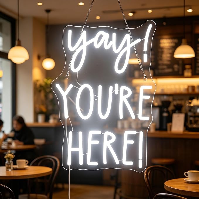"Yay! You're Here!" Neon Sign, Positive Quotes Decorative Neon Lights for Home Room Classroom Wall Decor, Office Wall Decor Neon Light Sign, Christmas Birthday Gift,Thanksgiving Gift(white)
