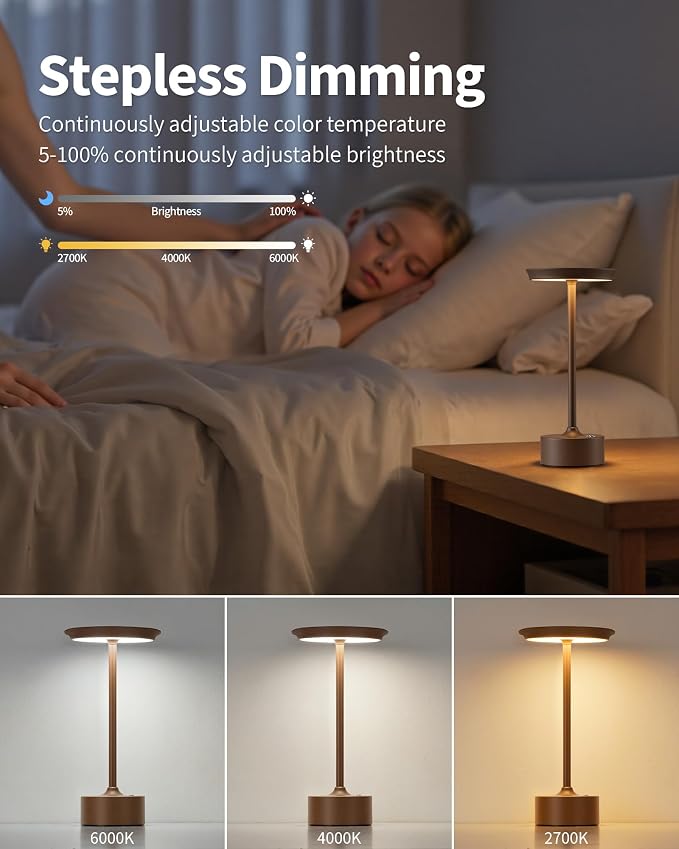 PUSU Rechargeable Table Lamps Set of 2, Brown Cordless Portable Desk Lamp | 4000mAh Battery, Stepless Dimming & 3 Color 2700K-6000K, LED Lamp for Bedroom, Living Room, Restaurant, Outdoor, Night Light