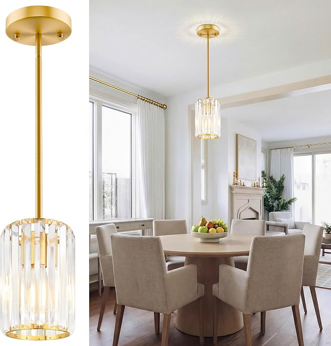 Gold Pendant Light, Modern Crystal Pendant Lights Kitchen Island, Kitchen Island Lighting with Adjustable Height, UL Certified Island Lights for Kitchen Dining Room Bedroom Hallway 1 Pack