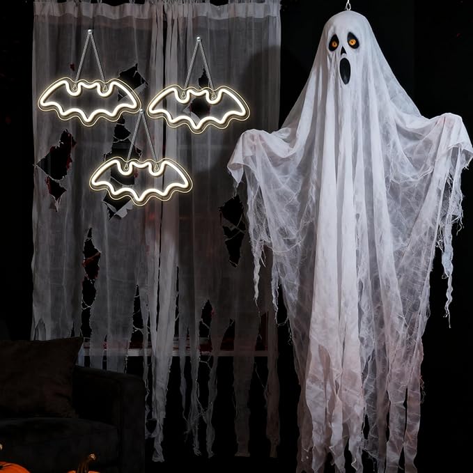 NOSUN 3 Bats Shape Neon Signs Night Lights Warm White Bats LED Light for Bedroom Bar Wall Halloween Decor Home Cafe Recreation Room Wall Artwork