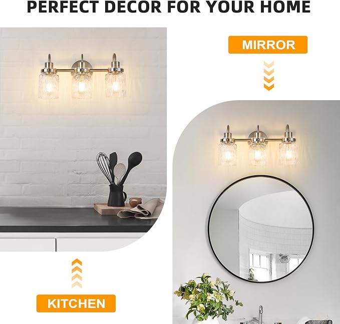 3 Lights Hammered Glass Bathroom Vanity Light,Brushed Nickel | Easy Installation,Up or Down,Farmhouse Modern Style,E26 Socket,ETL Certification