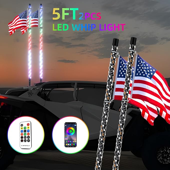 2PCS 5FT Whip Lights, LED Whip Light with App & Remote Control, Spiral RGB Chasing Lighted Antenna Whips,Whip Light for UTV ATV RZR SXS Can-Am Dune Buggy Offroad Truck (5ft)