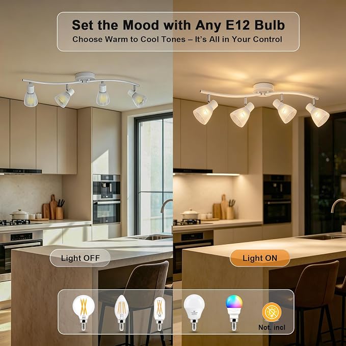 HiBay 4-Light Track Lighting, Modern White Glass Ceiling Light Fixture | Adjustable Flush Mount Track Spotlight for Bathroom, Kitchen, Dining Room, E12 Base, Bulbs Not Included