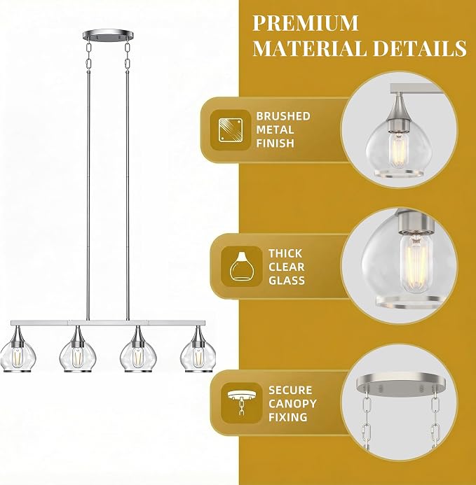 Kitchen Island Linear Pendant Light, 4-Light Brushed Nickeld Dining Room Chandelier with Clear Glass Globe Shades, Modern Linear Lighting Fixture Over Table