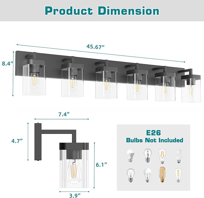 Bathroom Vanity Light, Square Design 6 Lights Morden Bathroom Lighting Fixtures Over Mirror, Black Vanity Light for Living Room/Bedroom