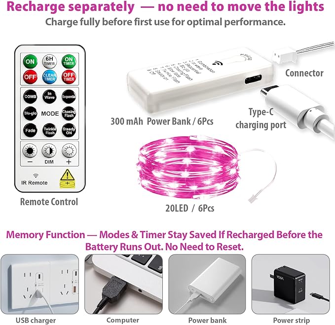 HXWEIYE 6 Pack Rechargeable Fairy Lights Battery Operated with Remote & DIY Timer, 7ft 20LED Mini Twinkle String Light for Mason Jar DIY Wedding Table Centerpieces Party Bedroom Christmas (Pink)