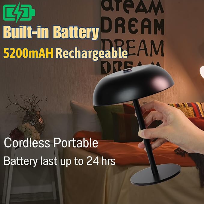 2 Pack Cordless Mushroom Table Lamp, Rechargeable, Dimmable 3 Color, Black | Small, 8.46in, Portable, Easy to Assemble, Metal Structure, Rechargeable, Suitable for Bedroom, Café, and Bar Counter