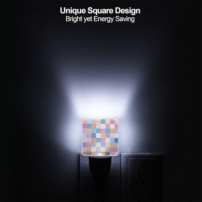 Colorful Checkered LED Plug-in Night Light 2-Pack, Auto Sensor Wood Print Nightlights Set of 2 for Bedroom Bathroom Stairs