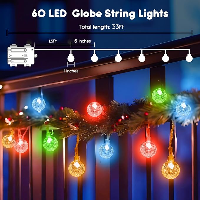 Minetom 33ft Crystal Globe String Lights Battery Operated, Multicolor | 60 LED Globe Fairy Lights with Remote and 8 Modes, Lovely for Bedroom Tent Loft Camping Porch Patio Party Decor