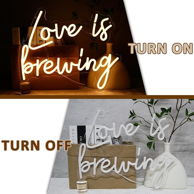 Love Is Brewing Neon Sign for Wall Decor, 15.75 x 12.2" Warm White Led Signs for Bridal Shower, USB Dimmable Neon Lights for Bedroom Home Coffee Themed Bar Wedding Engagement Party
