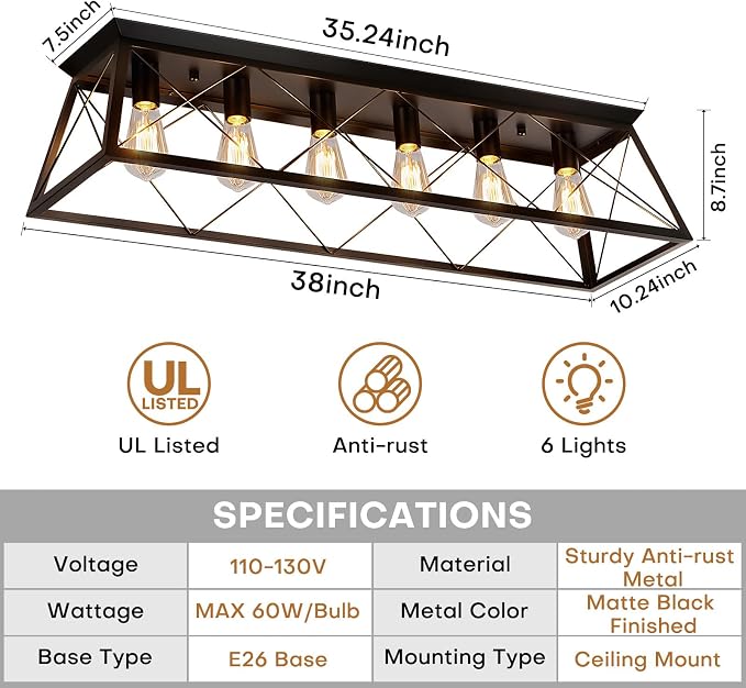 38" Large Flush Mount Ceiling Light for Kitchen Hallway Fixtures | Vintage Industrial Kitchen Ceiling Light Fixtures with X-Shaped Metal Cage, 6-Light Black Large Flush Ceiling Lighting