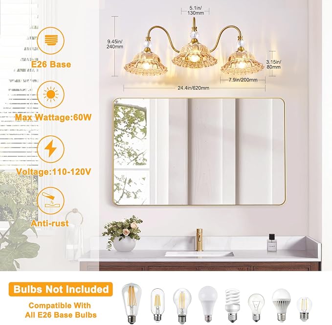 Mid Century Bathroom Light Fixtures 3 Lights Brushed Gold Vanity Lights for Bathroom with Floral Amber Crystal Glass Shade Bathroom Vanity Lighting Fixtures Over Mirror for Bedroom Living Room Hallway