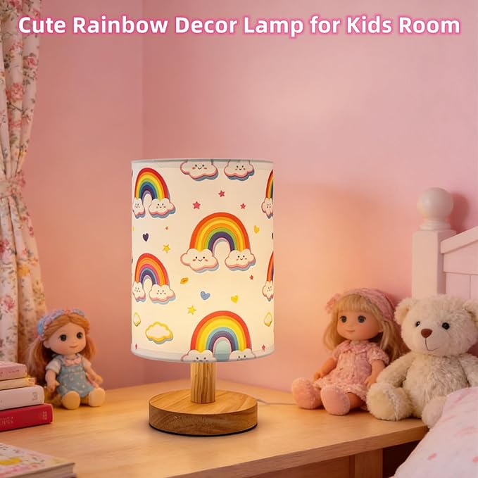 Rainbow Table Lamp,Kids Bedside Lamp for Bedroom Rainbow Decorative Lights 3 Colors Dimmable LED Nightstand Night Light with Cartoon Flaxen Fabric Shade Desk Lamp for Girls Boys Room Nursery Decor