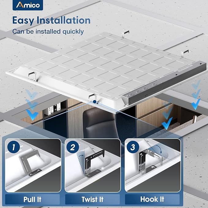 Amico 12 Pack 2x2 LED Flat Panel Light 5000LM Adjustable, 0-10V Dimmable Troffer LED Drop Ceiling Light Fixtures, 4000K/5000K/6500K Selectable for Office - Dustproof ETL Listed, FCC, DLC