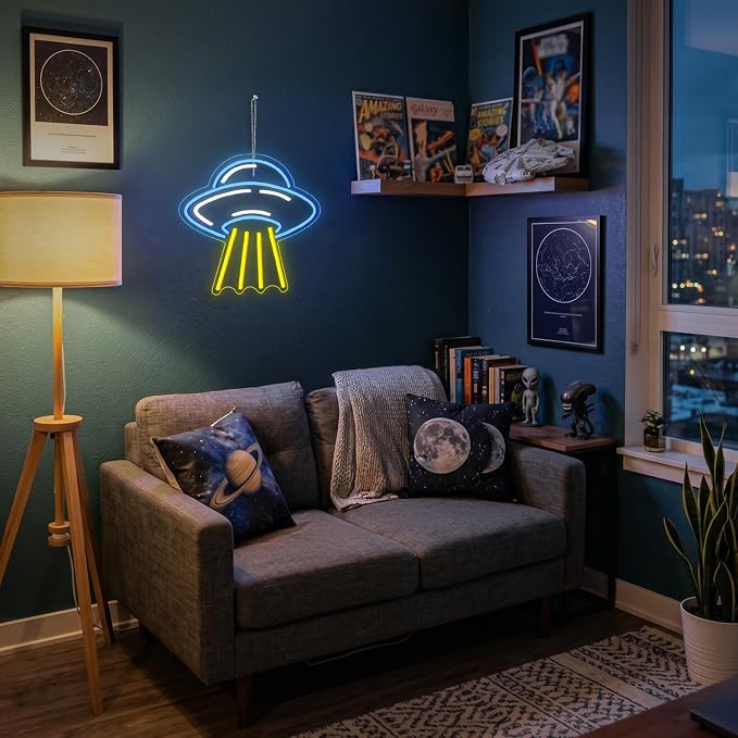 LUCUNSTAR UFO Neon Sign For Room Alien LED Neon Light Spaceship Dimmable Space Neon Signs for Wall Decor Blue UFO Neon Light Up Sign for Bedroom Game Room Wall Decor Ufo Lovers