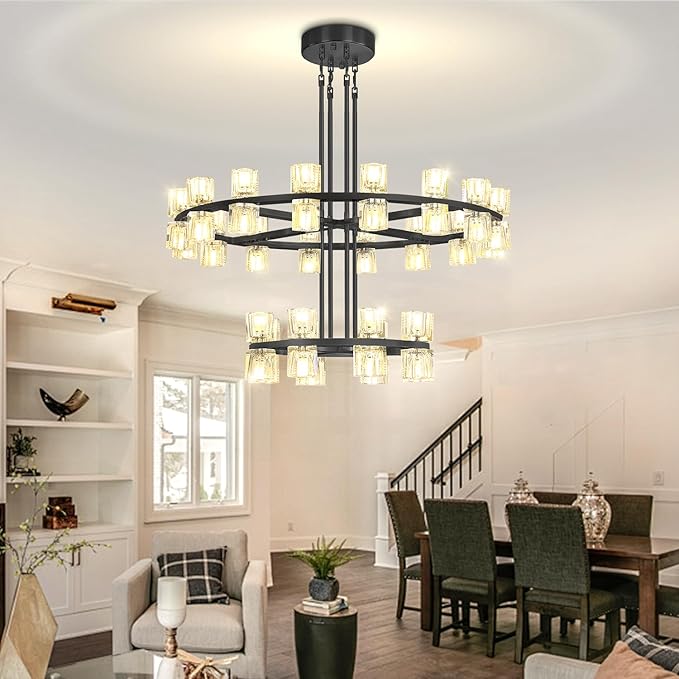 D16''+D32'' 2 Tier Black Wagon Wheel Chandelier, 48-Lights Farmhouse Pendant Light Fixture, Round Rustic Hanging Lighting for Dining Room Kitchen Island Foyer Entryway